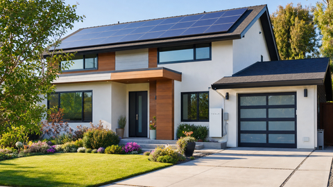 Wall-mounted home battery storage unit installed in a garage beside a solar inverter
