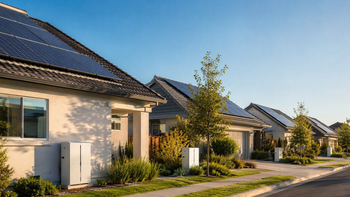 A row of suburban homes with rooftop solar and small battery cabinets
