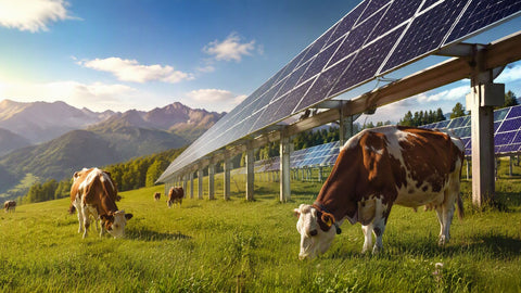 Cows grazing in a green alpine pasture beneath elevated solar panels