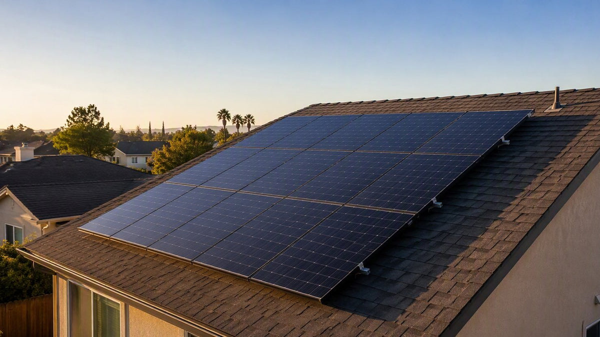 Rooftop residential solar panel array sized for 1,500 kWh per month on a suburban home