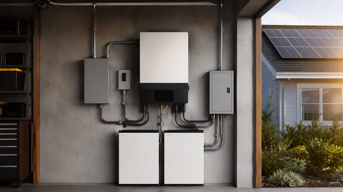 Solar panel system powering house with inverter, meter, appliances and power lines