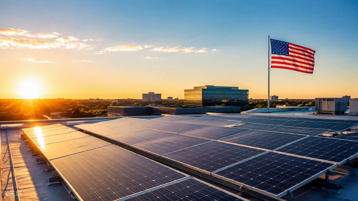Commercial rooftop solar panels at sunset with American flag — ITC safe harbor and commence-construction rules for 2026