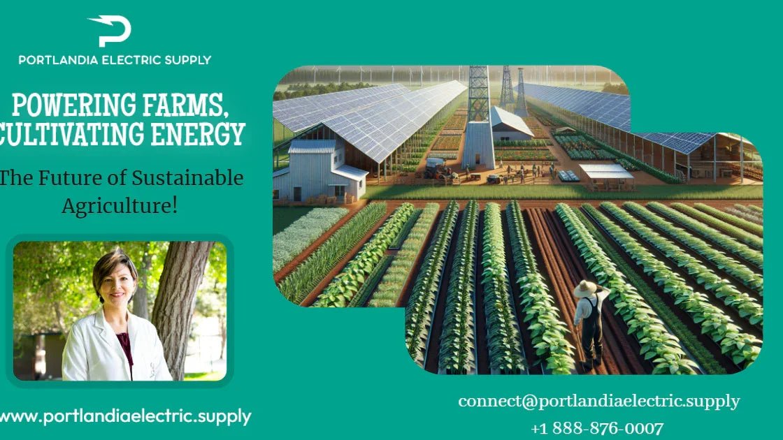 Solar panels over farm fields and barns promoting sustainable agriculture and energy solutions.