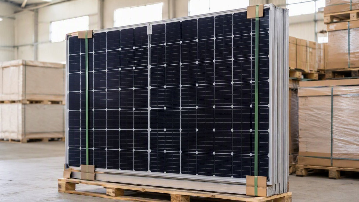 Oversized commercial large-format solar panel strapped on a pallet in a warehouse — the real size of high-wattage panels