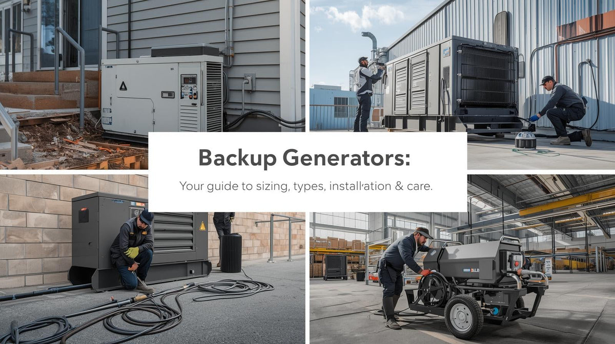 Backup generators in real-world settings: home standby, commercial, and portable units.