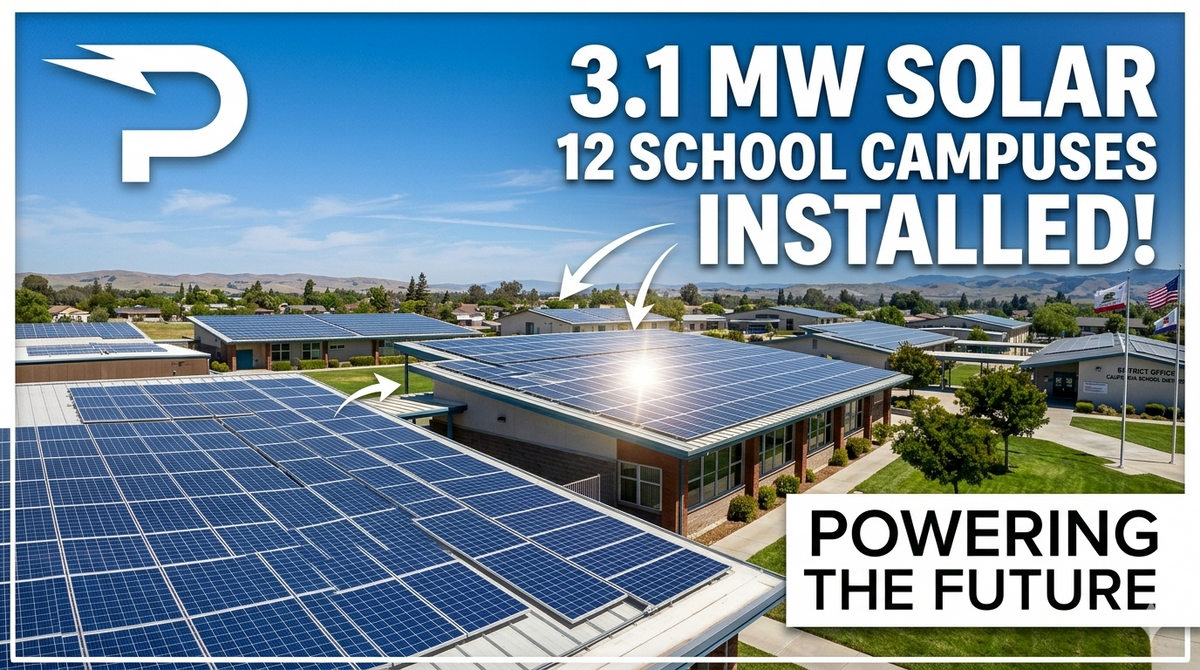 Solar panel canopies over a California school campus parking lot