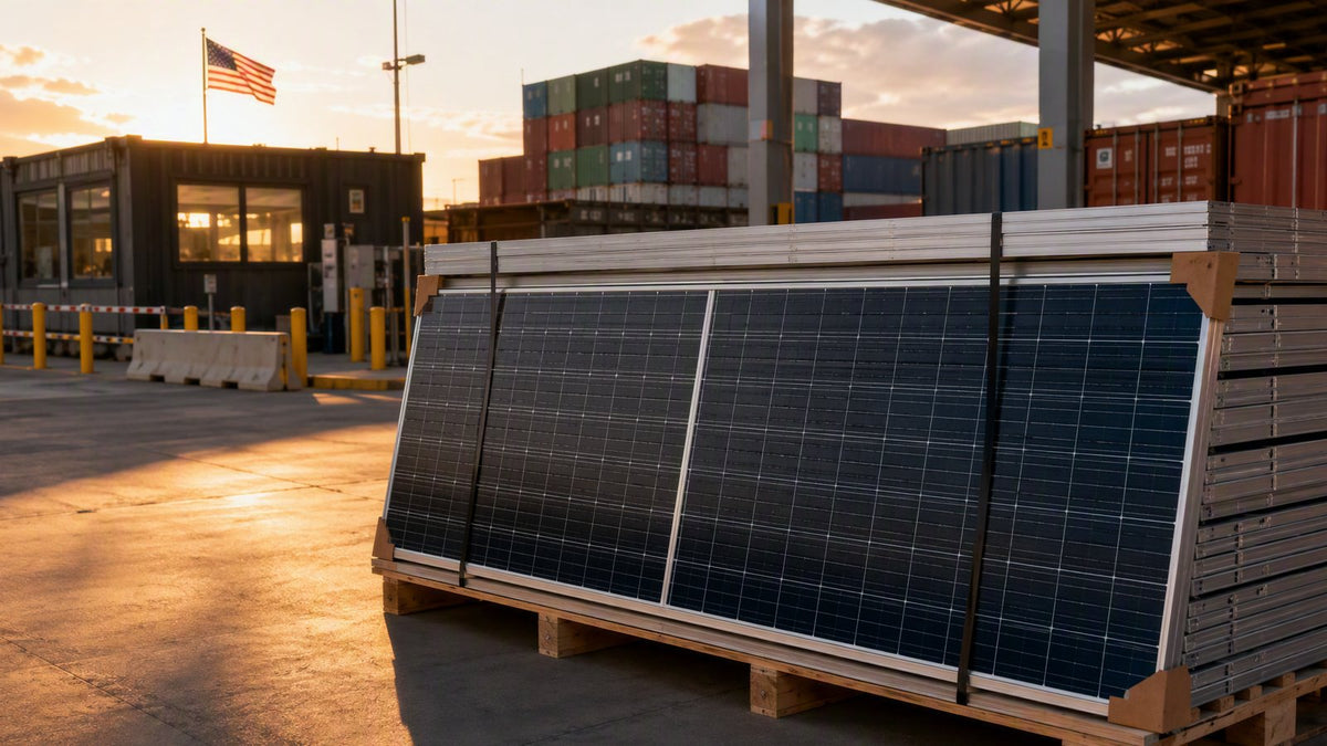 Solar panel modules stacked at a U.S. port facility with customs documentation overlay, representing Section 232 tariff compliance for solar imports