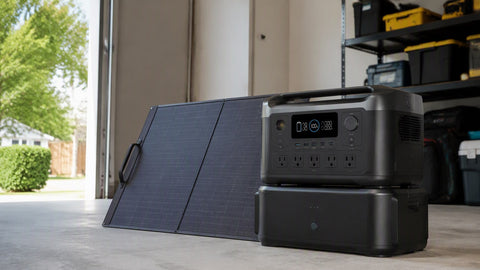Estación de energía portátil con batería de expansión y panel solar plegable en un garaje residencial