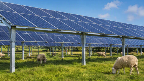 Solar panels elevated over green farmland with sheep grazing beneath