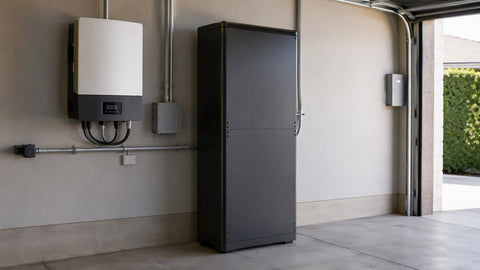 Gabinete de batería de almacenamiento de pie junto a un inversor híbrido montado en la pared de un garaje residencial