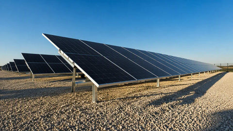 Arreglo solar bifacial comercial montado a piso sobre grava clara bajo un cielo despejado