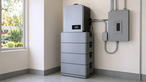 Torre modular de baterías para el hogar con inversor y subpanel en un cuarto de servicio