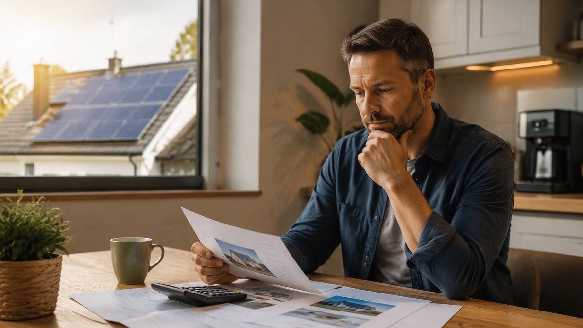 A homeowner at a kitchen table with a calculator and solar quotes
