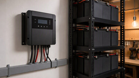 Controlador de carga solar montado en pared con cables del banco de baterias