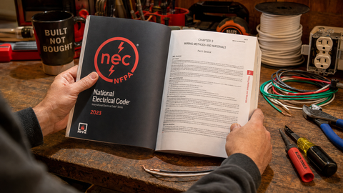 NEC 2026 code book beside a solar inverter and rapid-shutdown wiring on a rooftop
