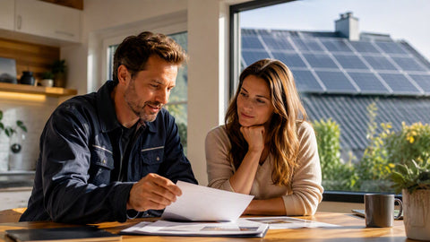 A homeowner and a solar consultant reviewing paperwork at a kitchen table with a rooftop solar array visible through the window