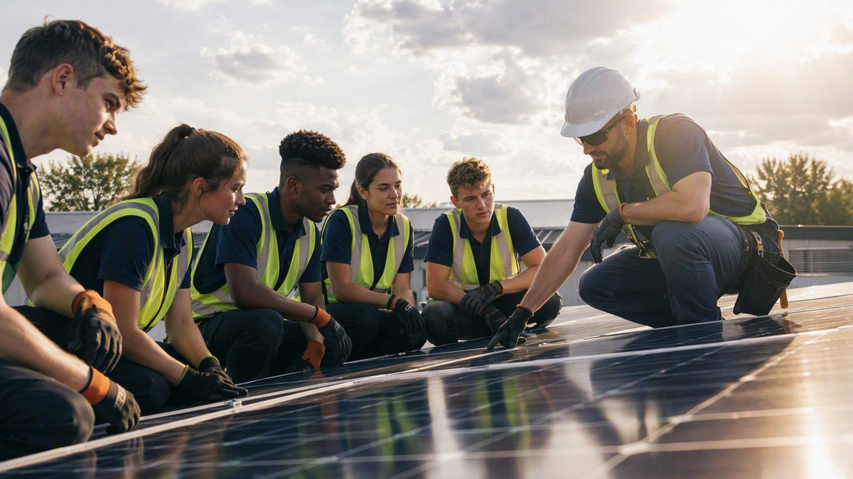 Trainees in safety vests learning solar panel installation at a training facility