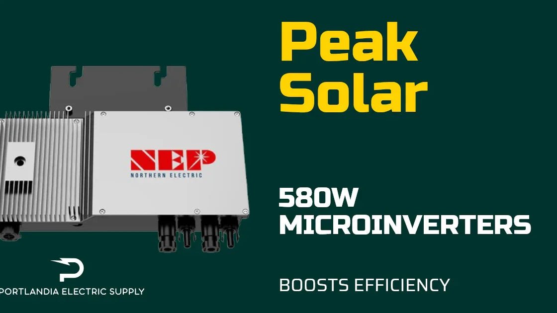 580W NEP microinverter product image, Peak Solar branding, Portlandia Electric Supply logo