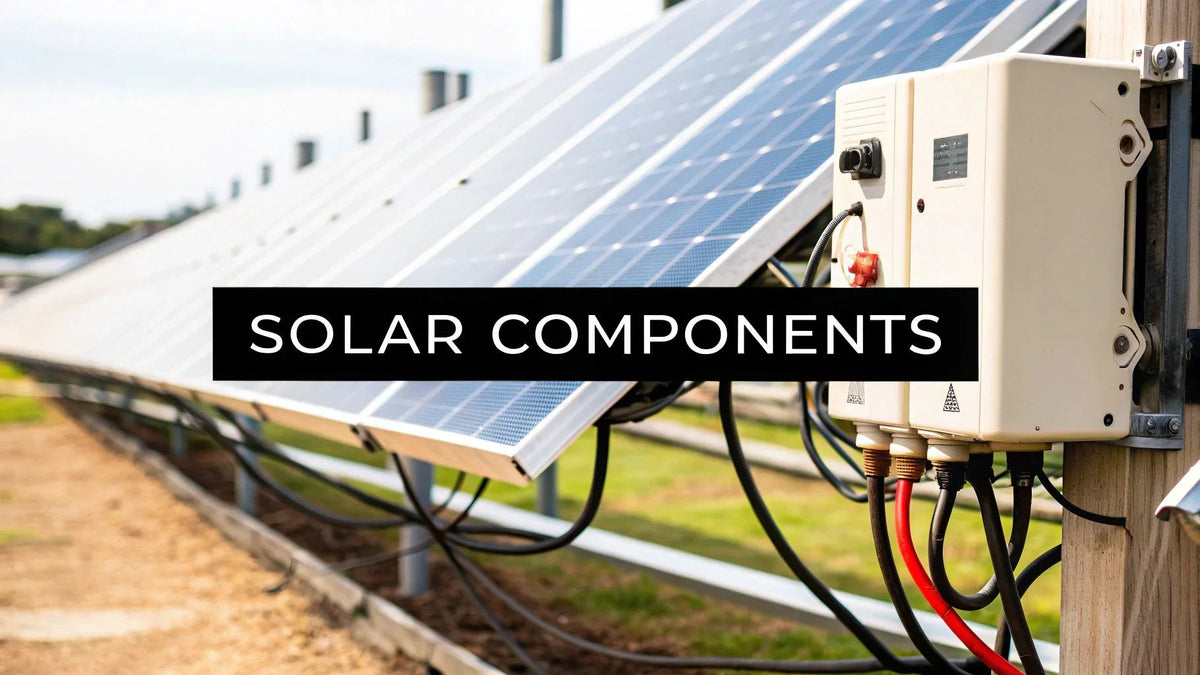 Solar panels array outdoors with electrical inverter and visible wiring components