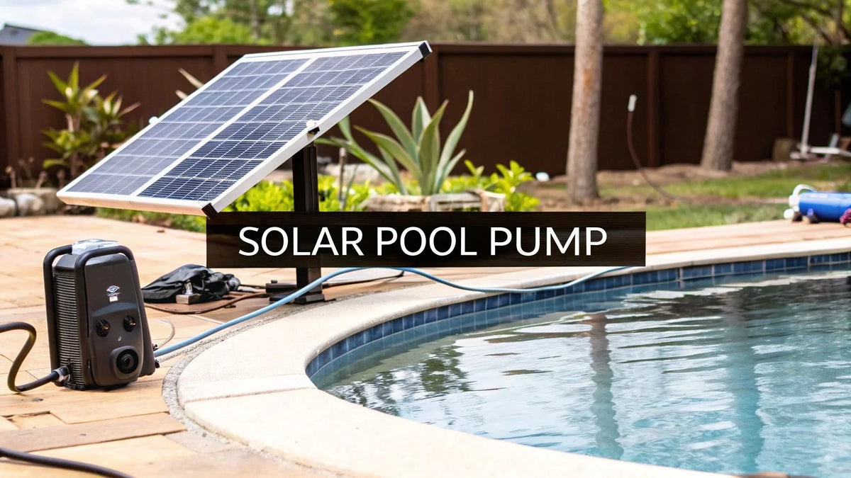 Solar panels powering a swimming pool pump beside a backyard pool