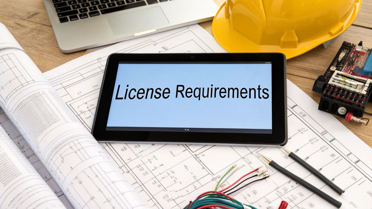 Tablet with 'License Requirements' text on construction blueprints, laptop, hard hat, and wires