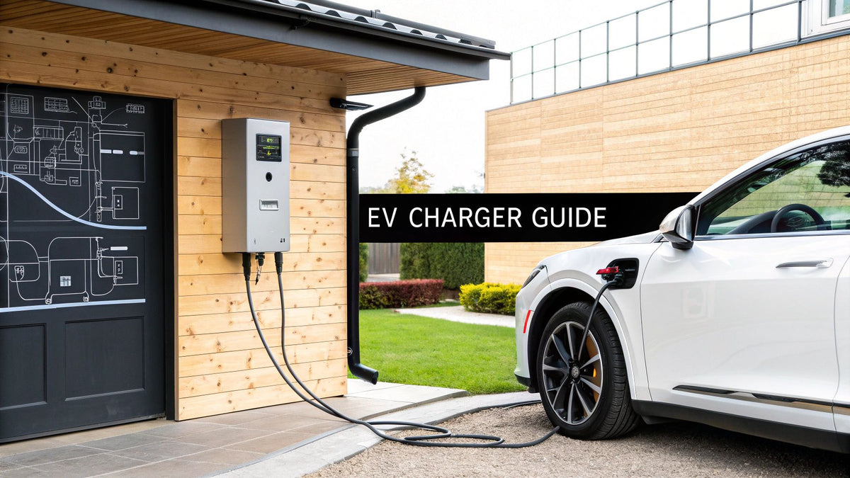 White electric vehicle charging at home wall-mounted EV charger with EV charger guide text