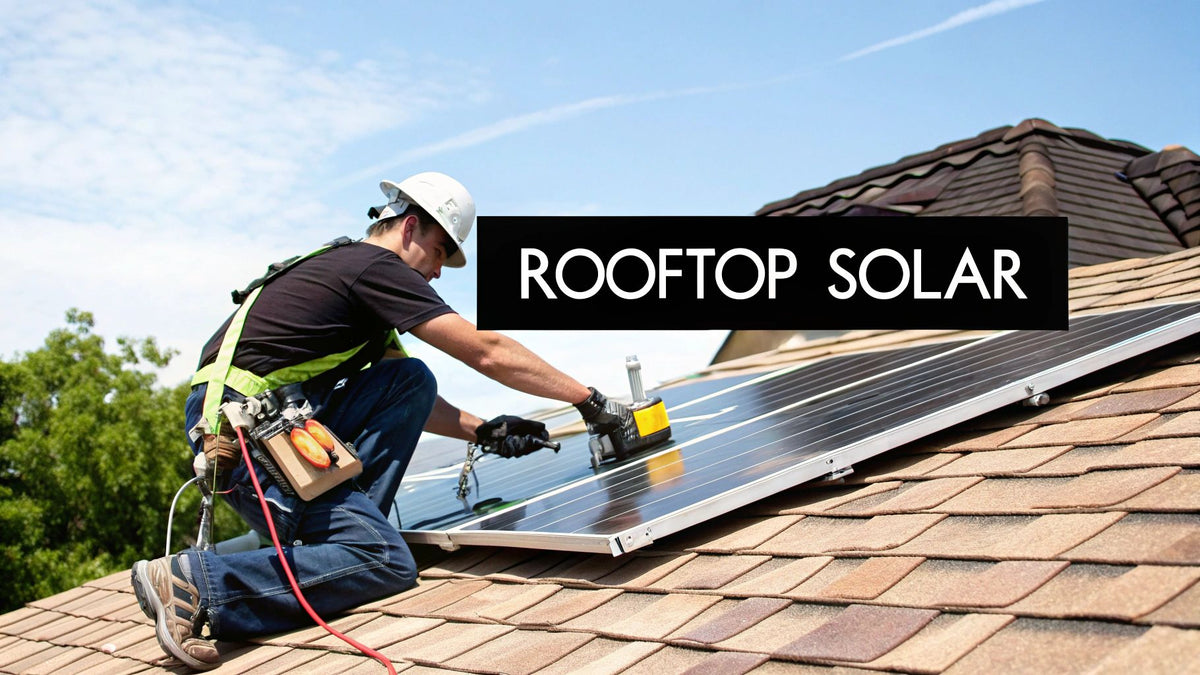 Worker installing solar panels on a rooftop under clear sky, rooftop solar energy concept