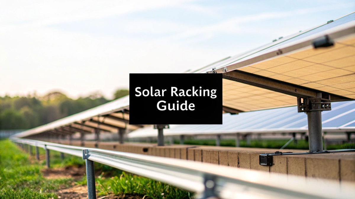 Ground-mounted solar panel racking system in a sunny outdoor field, Solar Racking Guide text overlay