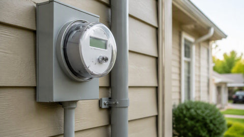 Medidor eléctrico residencial en la pared exterior junto al conduit de acometida de una casa suburbana