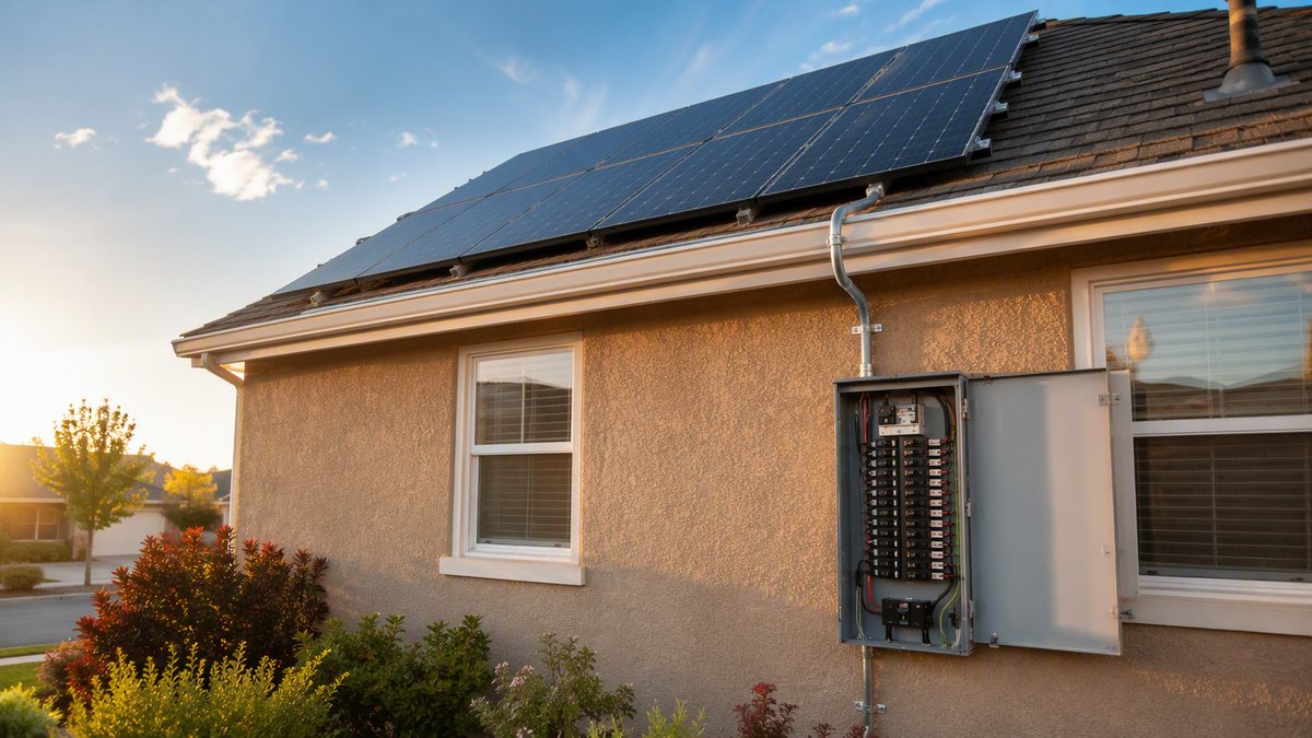 Arreglo solar en techo con tuberia hacia un panel de servicio abierto con el breaker fotovoltaico de retorno