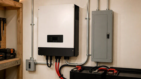 Inversor solar híbrido montado en la pared de un cuarto de servicio ordenado con tubería metálica, cables de batería rojos y negros y un subpanel