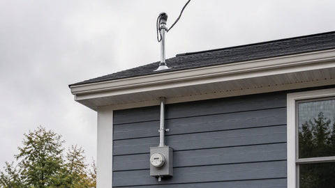 Mastil de acometida y base de medidor en pared exterior residencial