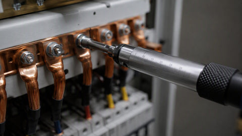 Destornillador de torque apretando un terminal con conductor de cobre en un panel