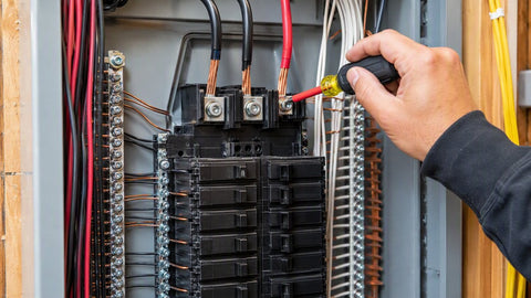 Panel de breakers residencial abierto con breakers bipolares de 240V y alimentadores de cobre de distintos calibres