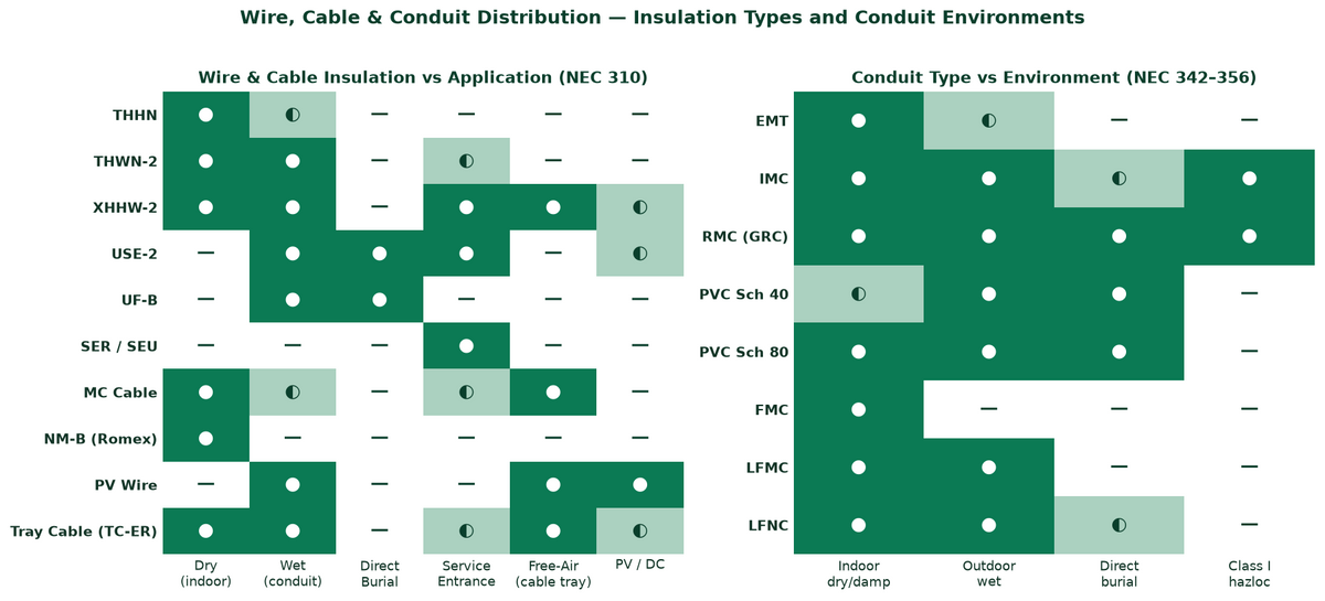 Wire and conduit distribution — insulation type vs application, conduit type vs environment