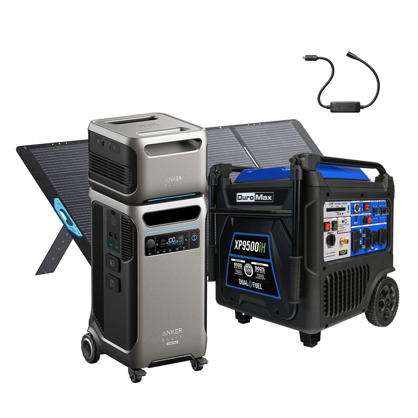 Duromax XP9500iH and Anker SOLIX F3800Plus+PS400+EB3800+240V Generator Adapter with Tansfer Switch Bundle