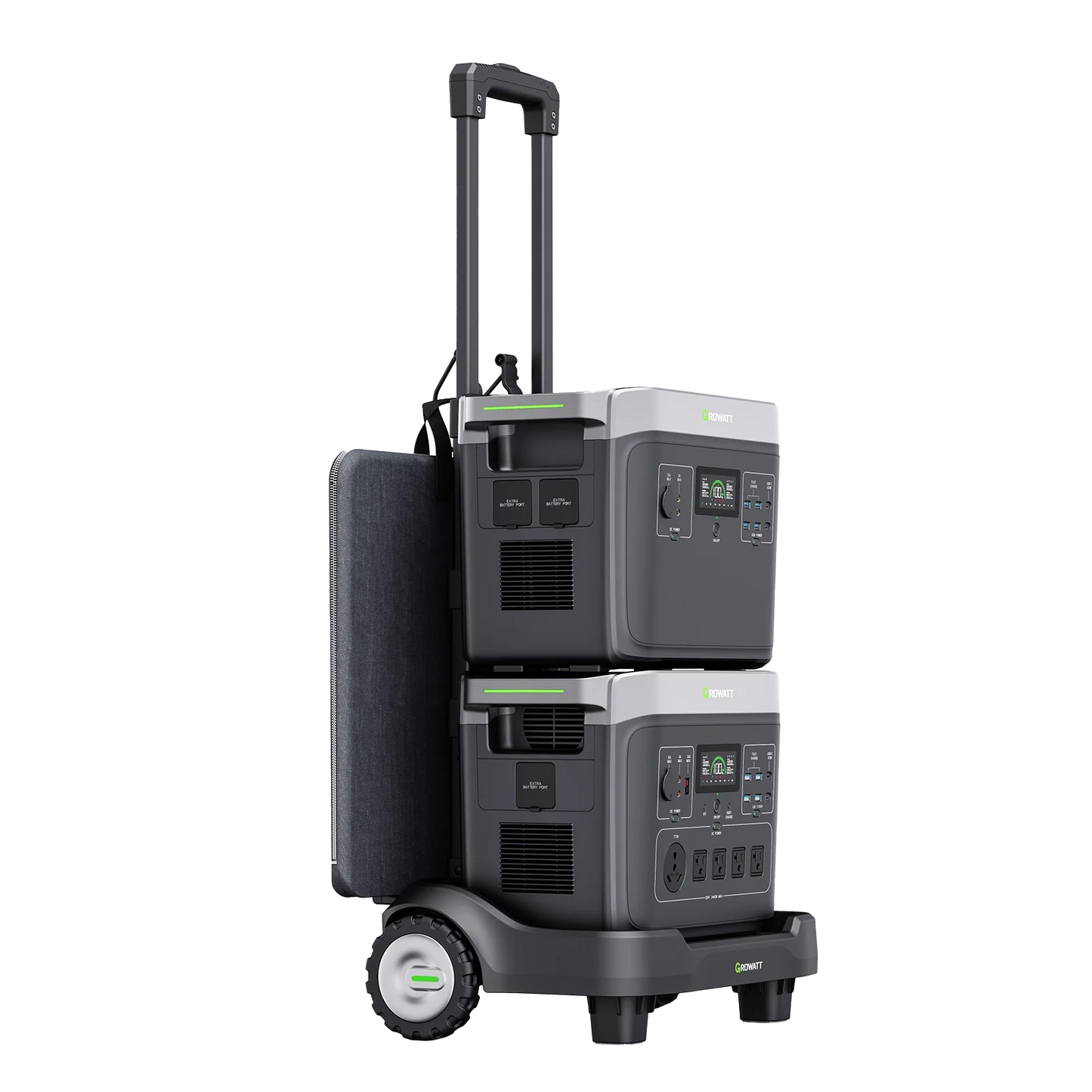 Growatt INFINITY 2000 trolley cart carrying INFINITY 2000 power station with stacked expansion battery (official Growatt render via authorized reseller)