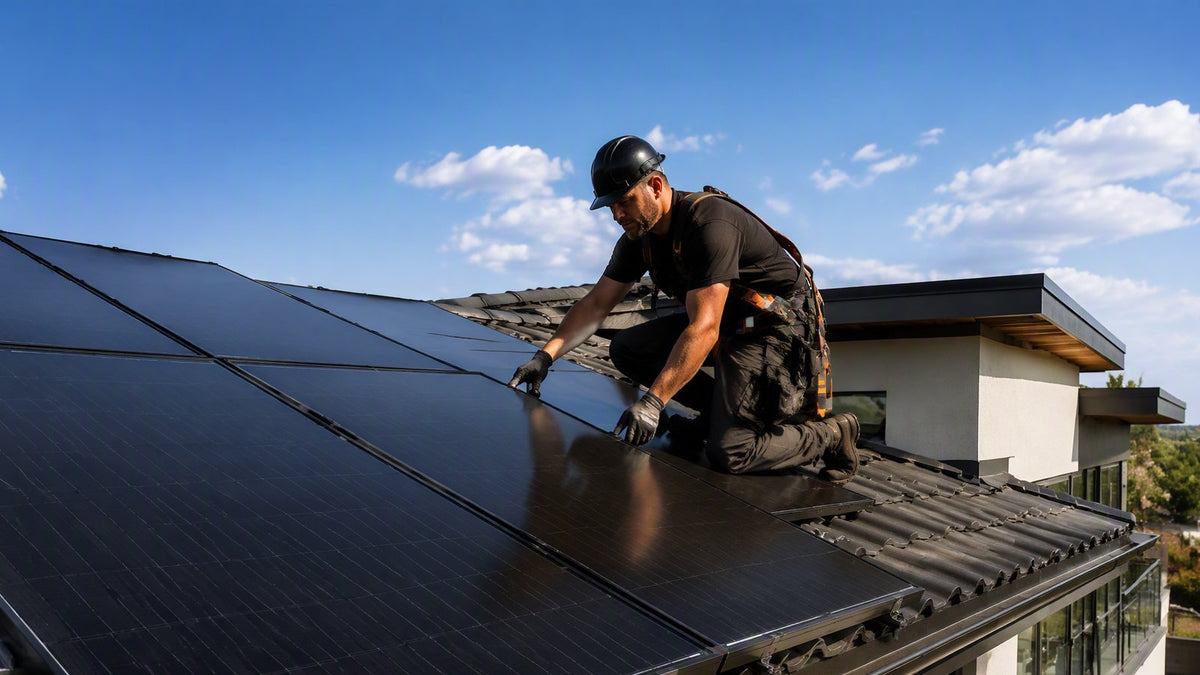 A collection of top solar panel brands' logos above an image of a solar technician standing on a rooftop with solar panels, wearing a high-visibility vest and hard hat. The city skyline and cloudy sky serve as the background.