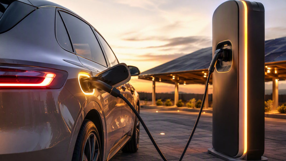 An electric vehicle fast-charging at a sleek modern charging station at dusk