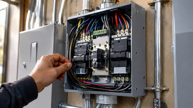 Close-up of an automatic transfer switch panel with conduit in a residential utility room