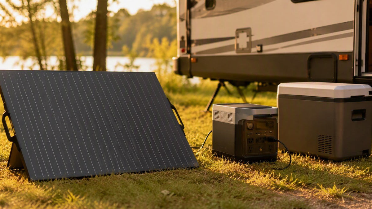 200 watt solar panel with portable battery power station and 12V fridge at a campsite