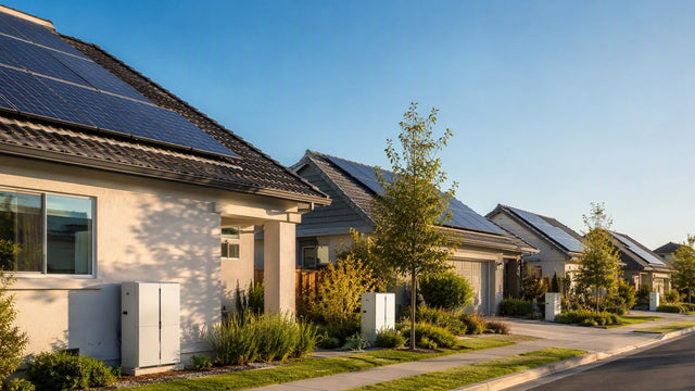 A row of suburban homes with rooftop solar and small battery cabinets