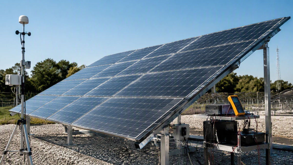A large-format bifacial solar panel tilted on a rack at a test yard