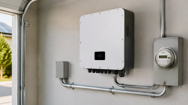 A compact residential string inverter wall-mounted in a clean garage beside a meter