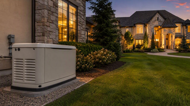 An 80kW standby generator enclosure beside a spacious estate home at dusk