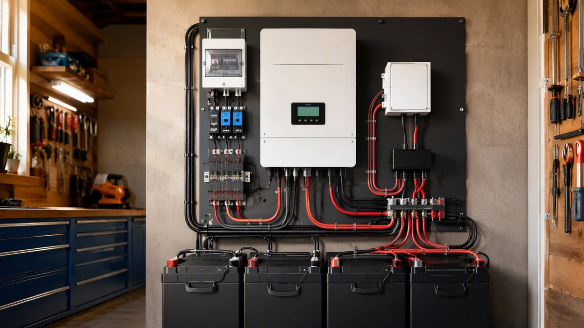 A pre-wired off-grid inverter power panel mounted on a workshop wall with battery cables