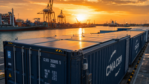 Imported solar panels in shipping crates at a port, subject of 2026 tariff updates