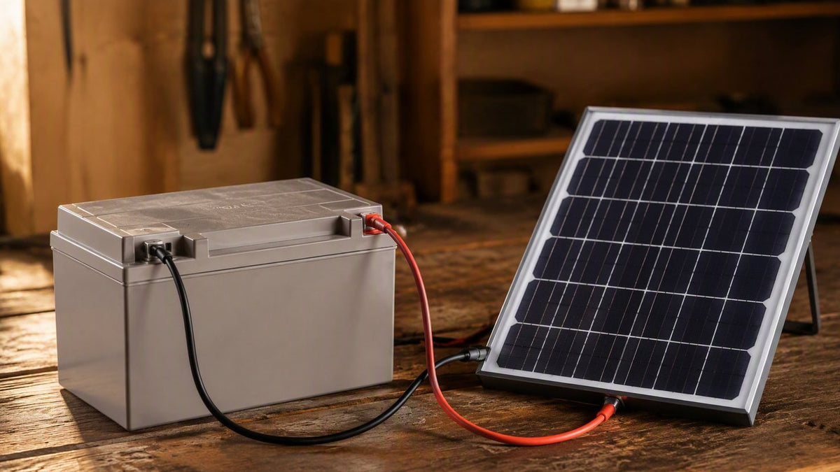 12V deep-cycle battery connected to a small solar panel on a wooden workbench — solar battery charging setup
