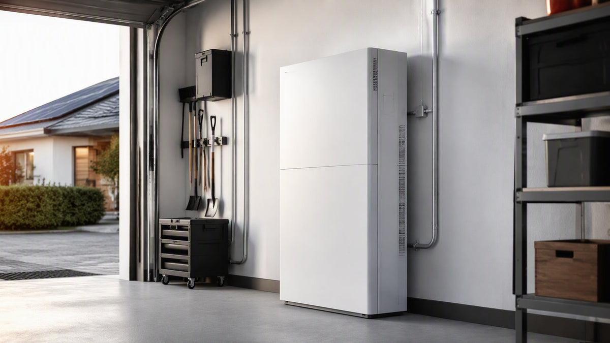 A tall white all-in-one home battery with integrated inverter in a garage