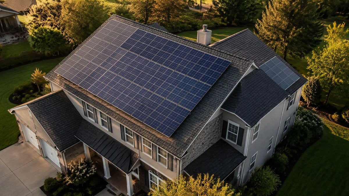 Large suburban home rooftop with residential solar panel array for a 3000 sq ft home